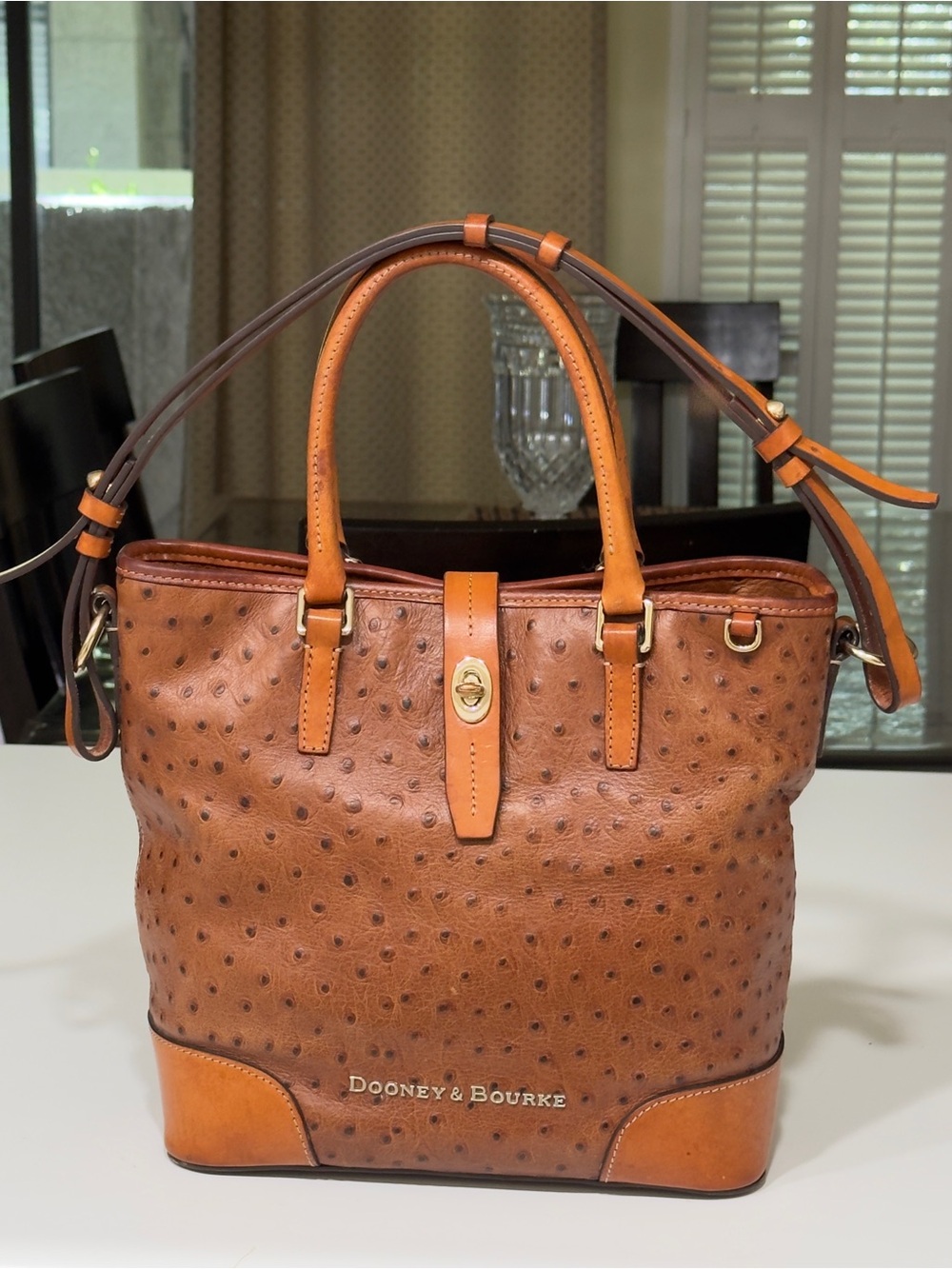 Dooney & Bourke Ostrich-Embossed Leather Tote Bag Brown Cognac Satchel Shoulder